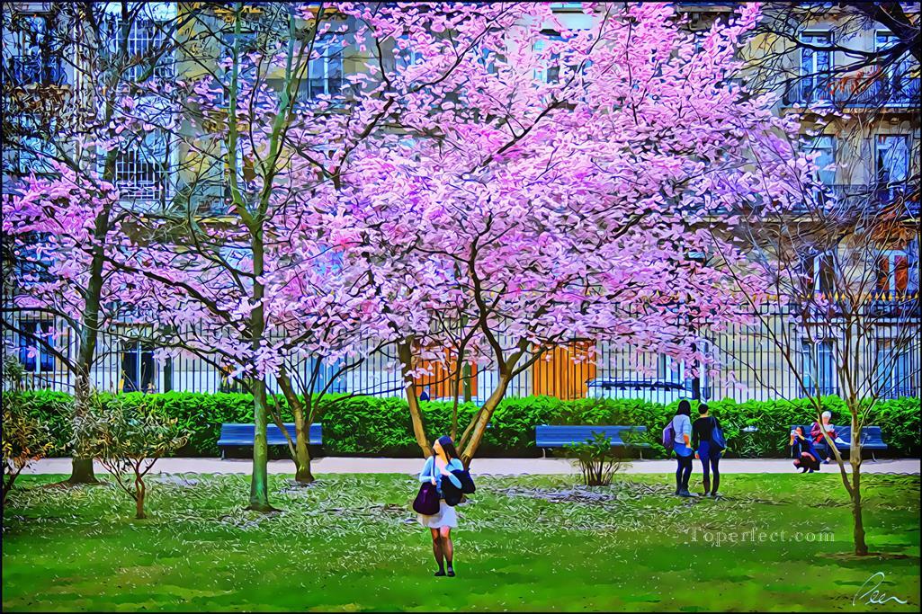 リュクサンブール公園の街並みに咲く木油絵